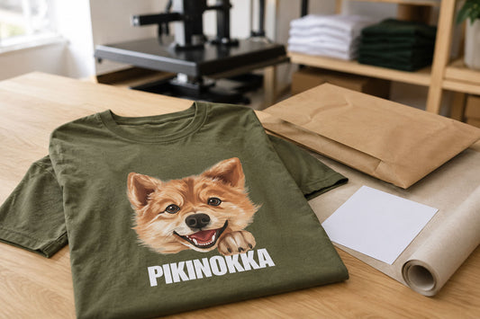 Suomenpystykorva-aiheinen t-paita "pikinokka" pakkauspöydällä odottamassa tilauksesta valmistetun tuotteen lähettämistä.