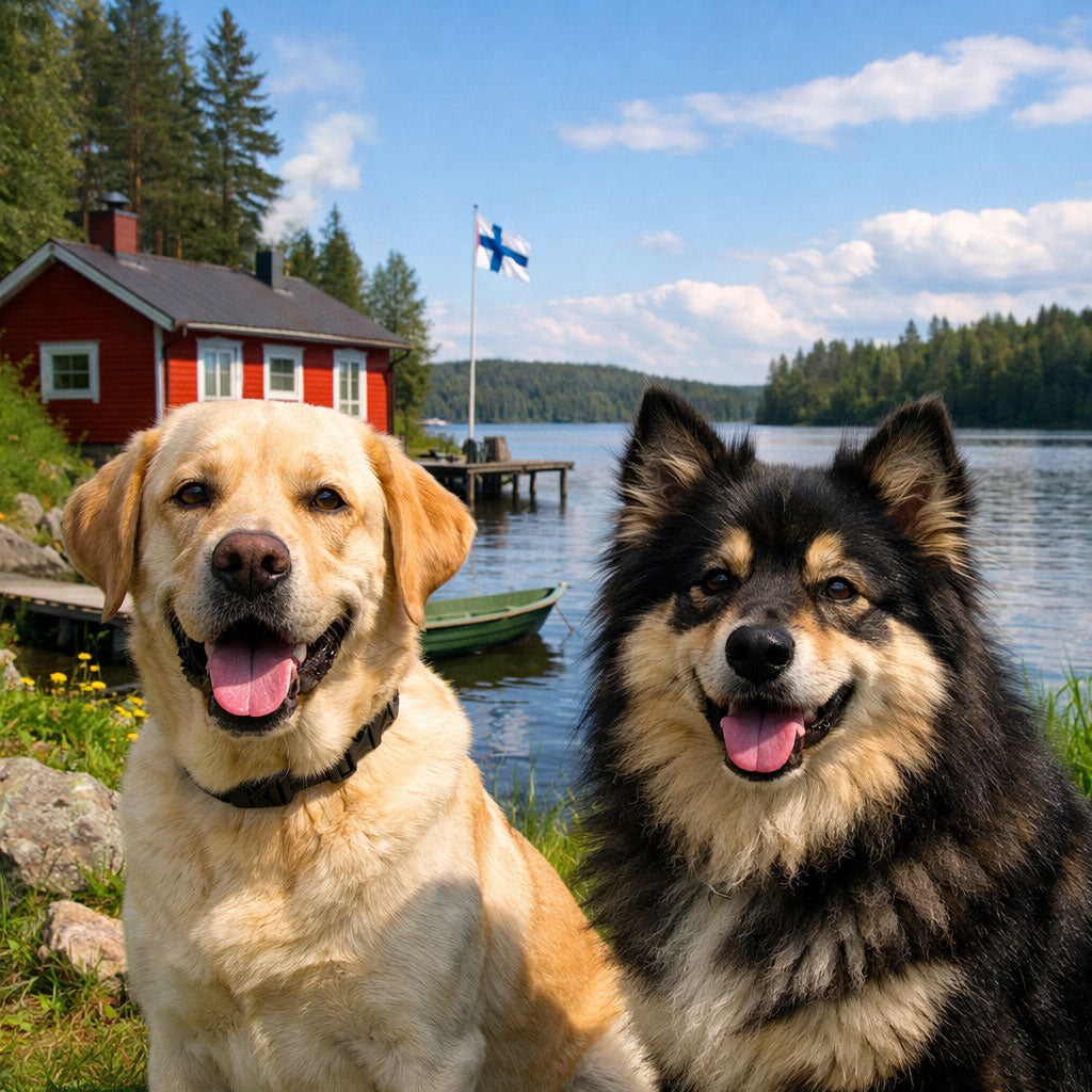 Suosituimmat koirarodut Suomessa – labradorinnoutaja ja suomenlapinkoira mökkirannassa