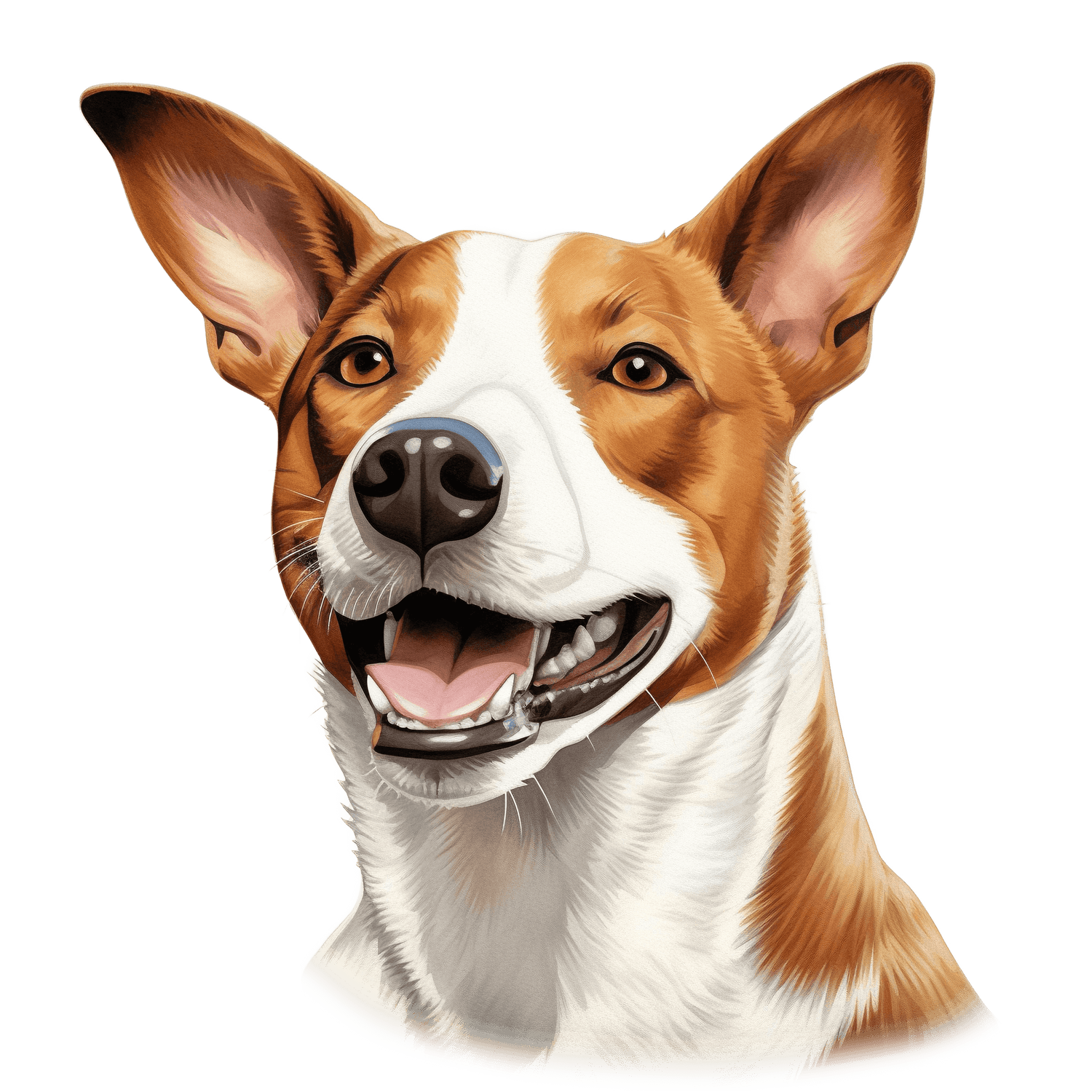 Basenji, punavalkoinen koira, jolla pystyt korvat ja iloinen ilme.