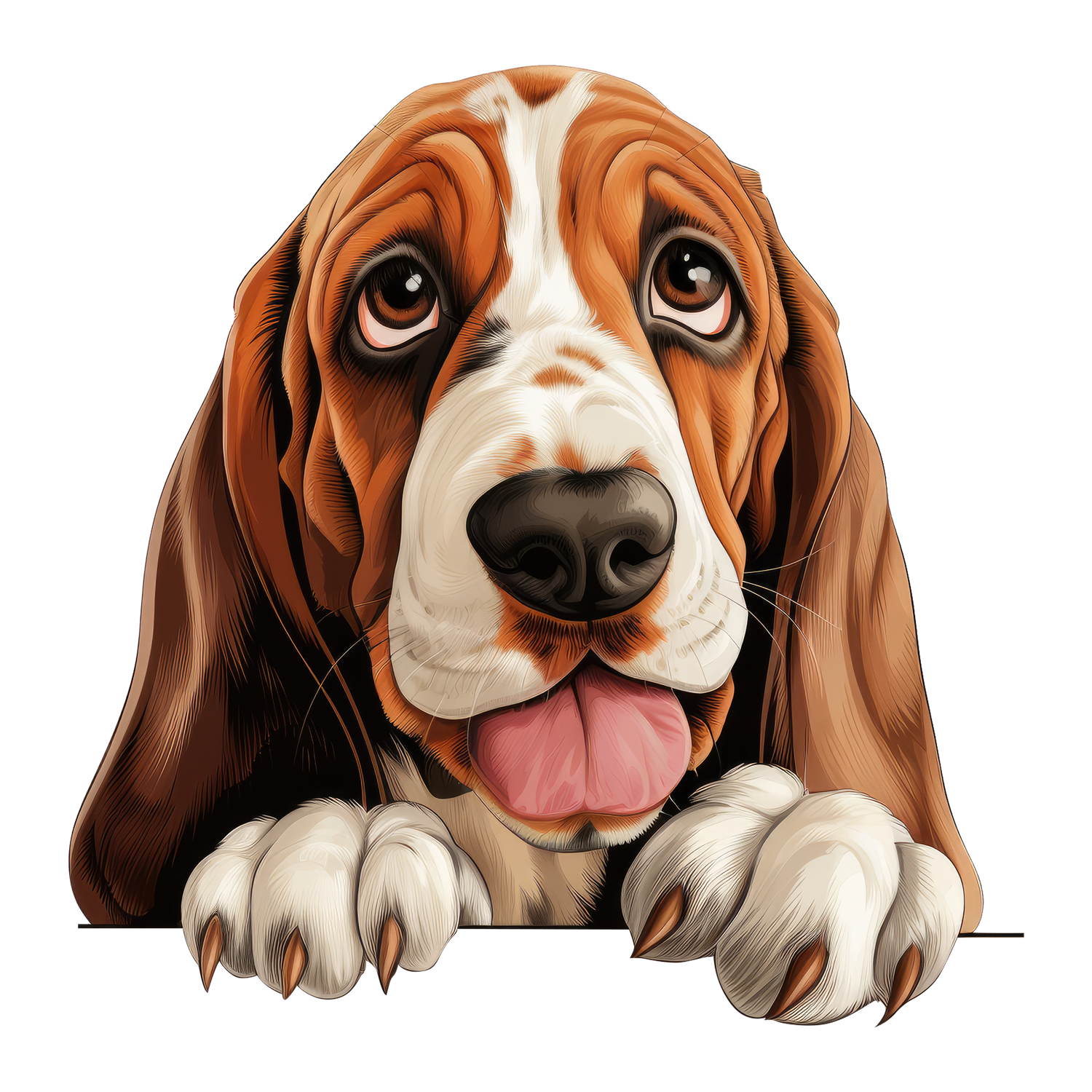 Basset hound -rotuinen koira kurkistaa tassut edessä ja kieli ulkona. Koira näyttää hyväntuuliselta ja sen ilme on lempeä sekä hieman surumielinen. Pitkät korvat roikkuvat alaspäin ja katse on suoraan katsojaan päin.