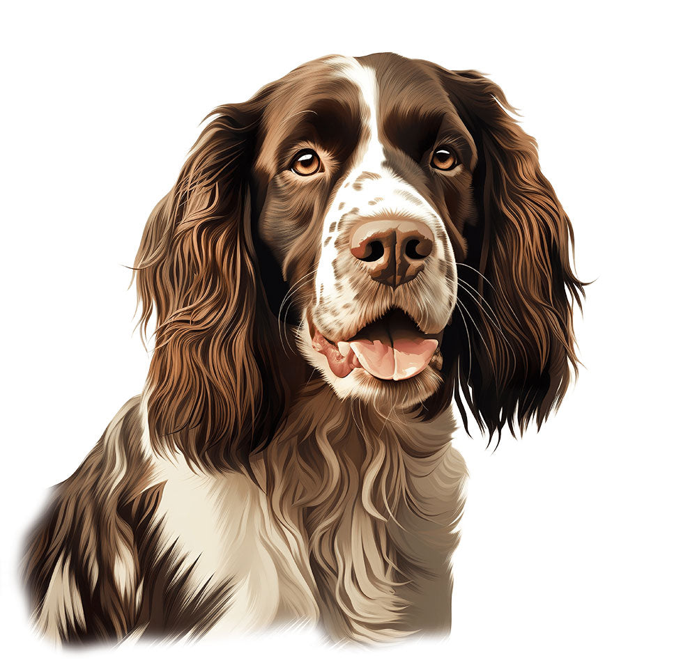 Iloisen ilmeinen englanninspringerspanieli katsoo suoraan kameraan suu kevyesti avoinna ja korvat pehmeästi kaartuen sivuille.