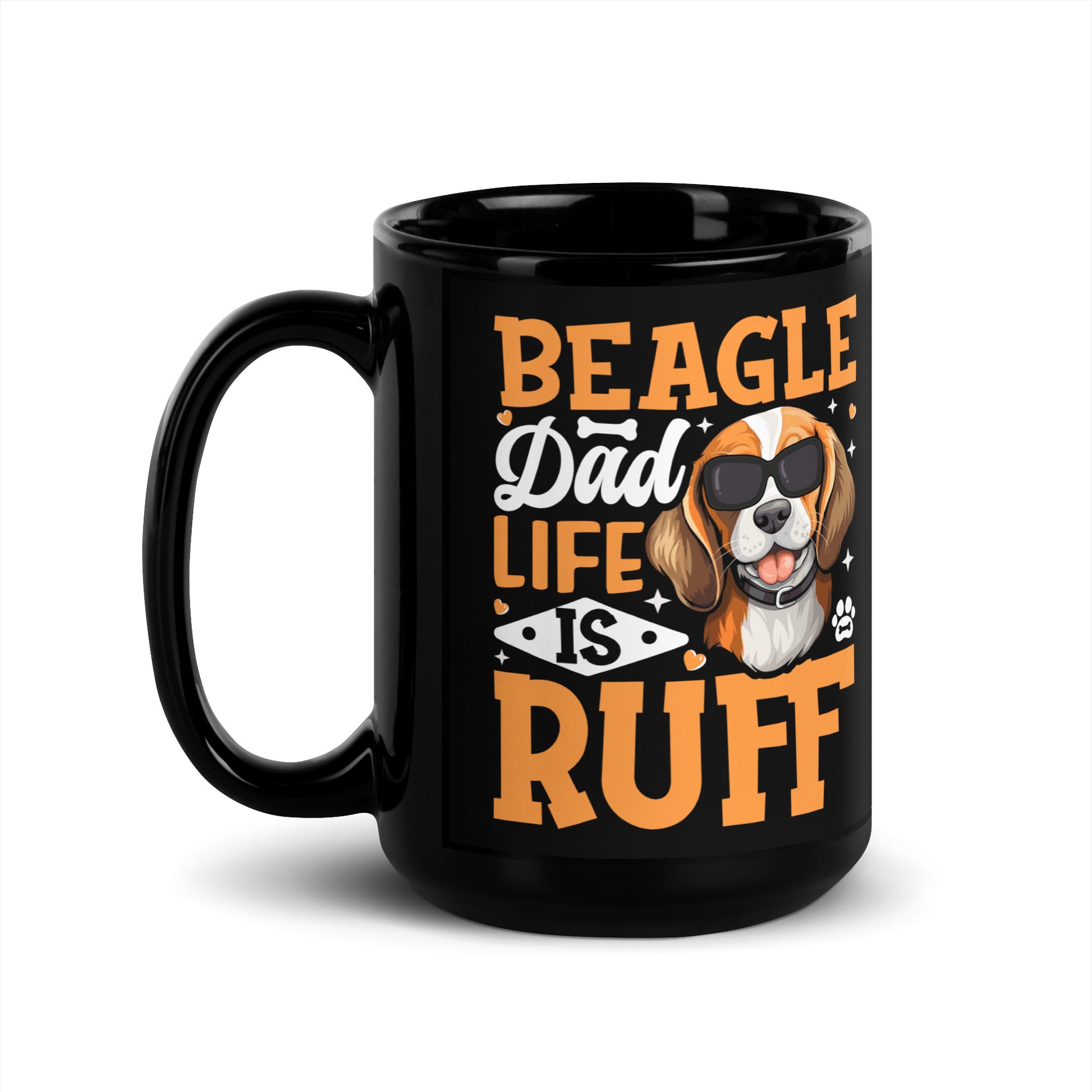 Musta muki, jossa beaglen kuva aurinkolasit päässä ja teksti "Beagle Dad Life is RUFF".