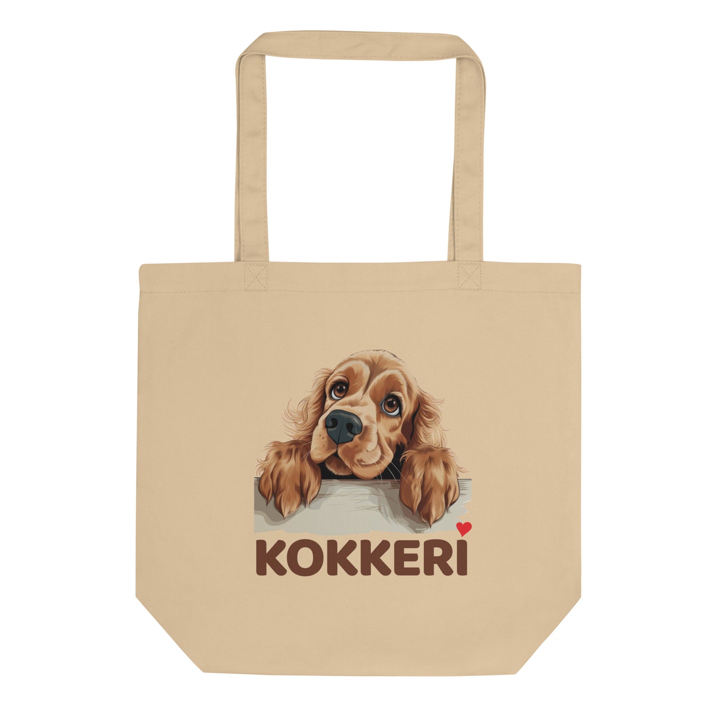 Ekologinen kangaskassi, jossa cockerspanielin kuva ja teksti "Kokkeri" punaisella sydämellä.