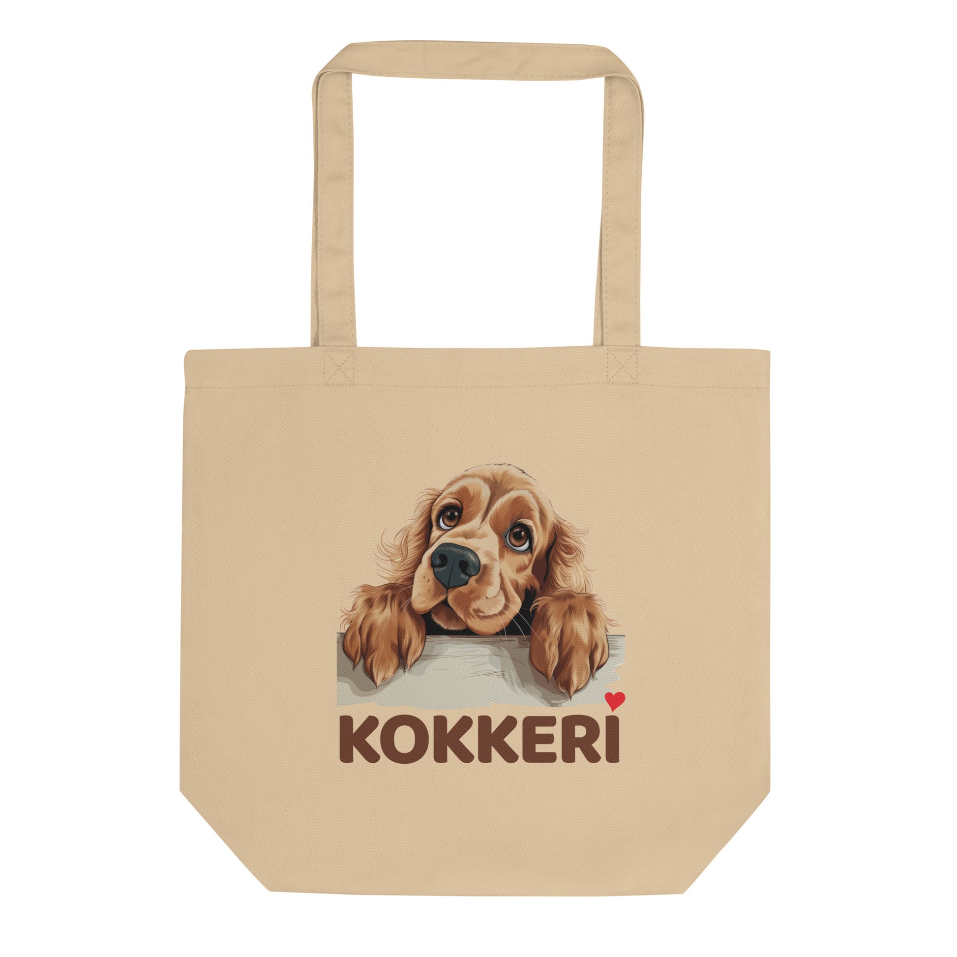 Ekologinen kangaskassi, jossa cockerspanielin kuva ja teksti "Kokkeri" punaisella sydämellä.