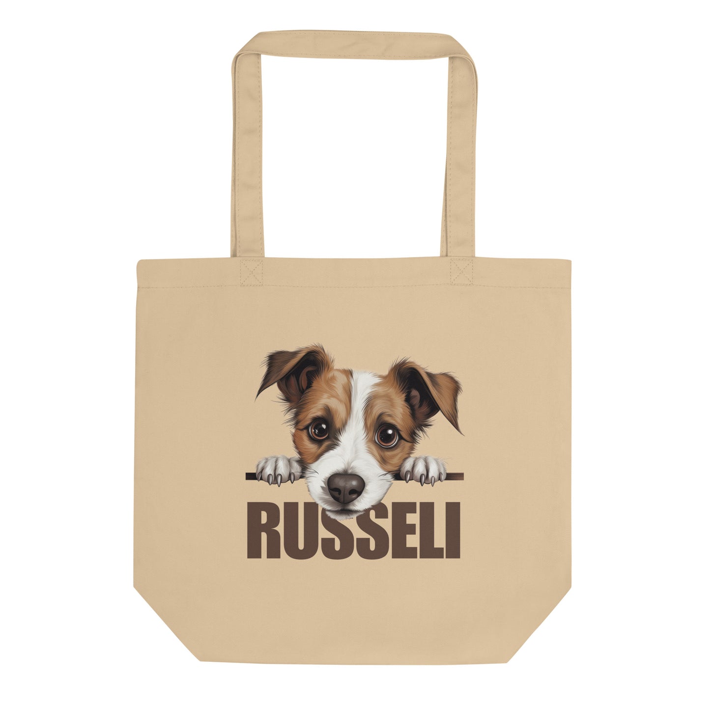 Ekologinen jackrussellinterrieri-aiheinen kangaskassi.