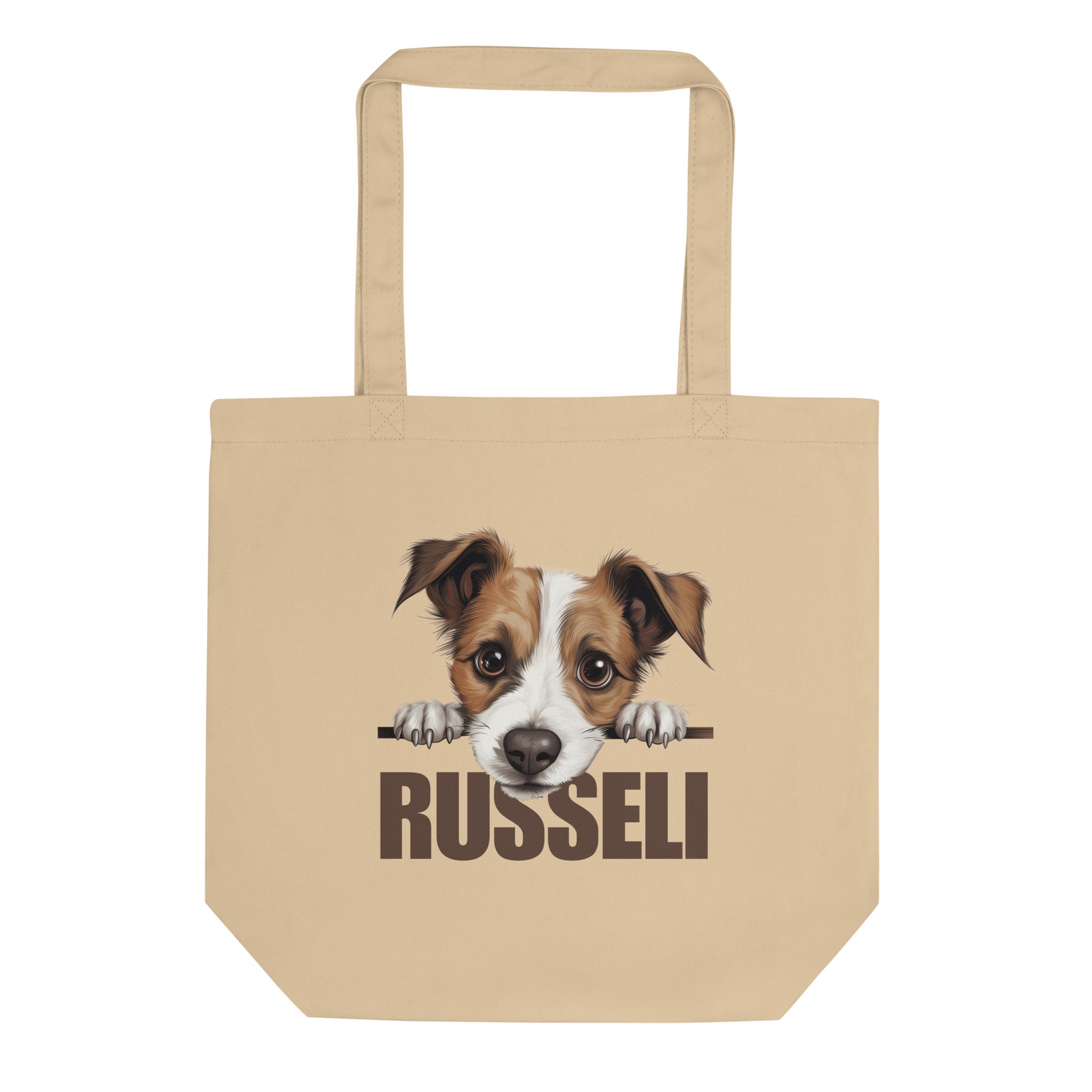 Ekologinen jackrussellinterrieri-aiheinen kangaskassi.