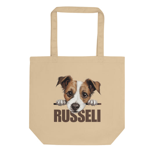 Ekologinen jackrussellinterrieri-aiheinen kangaskassi.