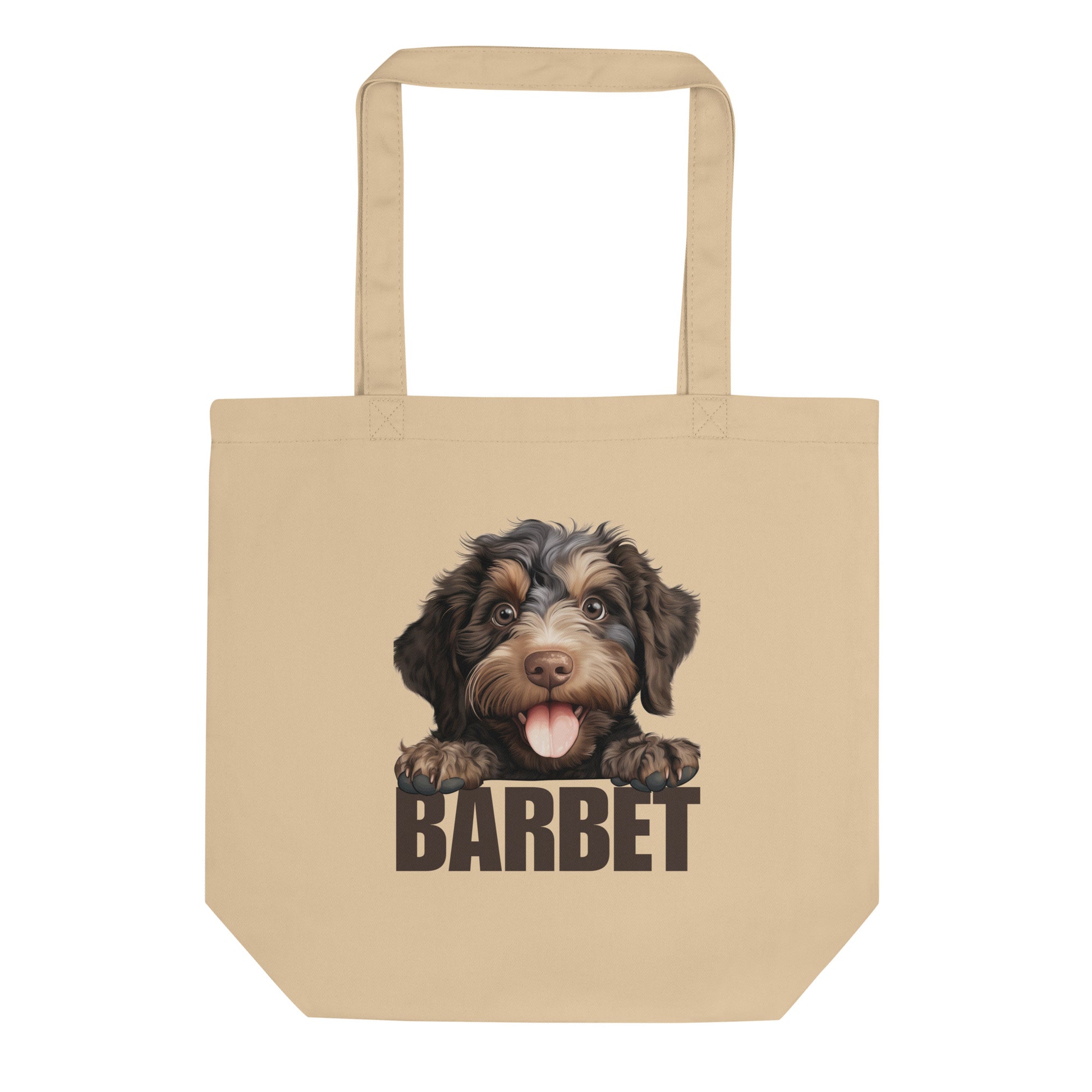 Beige kangaskassi, jossa barbet-koiran kuva ja ruskea teksti "barbet".