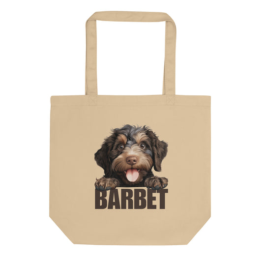 Beige kangaskassi, jossa barbet-koiran kuva ja ruskea teksti "barbet".