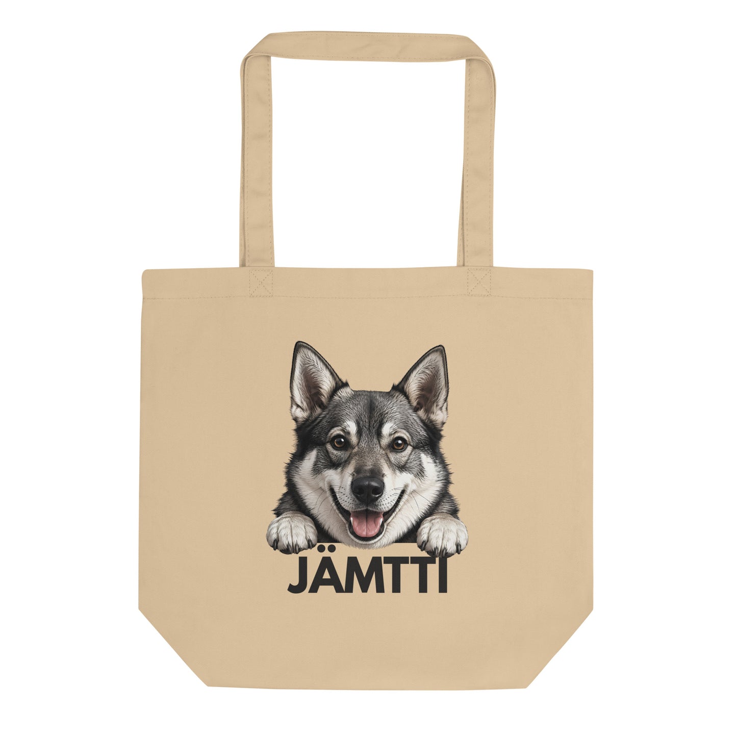 Beige jämtlanninpystykorva-kangaskassi, jossa tummanharmaa teksti "jämtti".