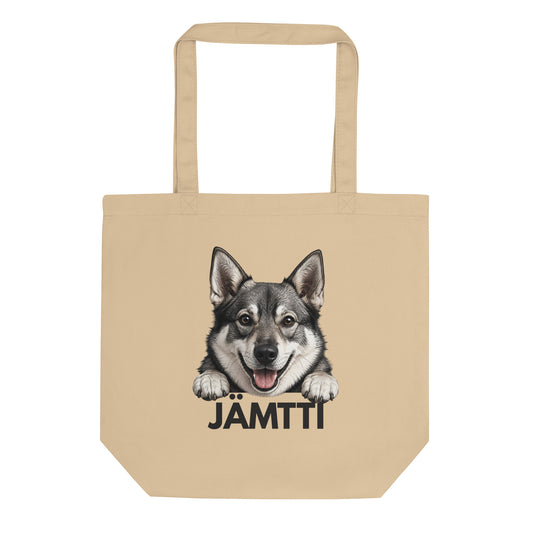 Beige jämtlanninpystykorva-kangaskassi, jossa tummanharmaa teksti "jämtti".