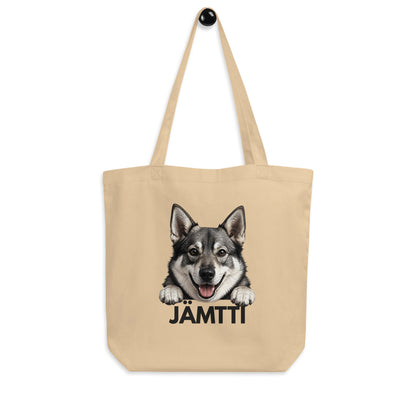 Jämtlanninpystykorva-kangaskassissa on pitkä hihna, josta sen voi ripustaa silloin, kun se ei ole kätyössä.