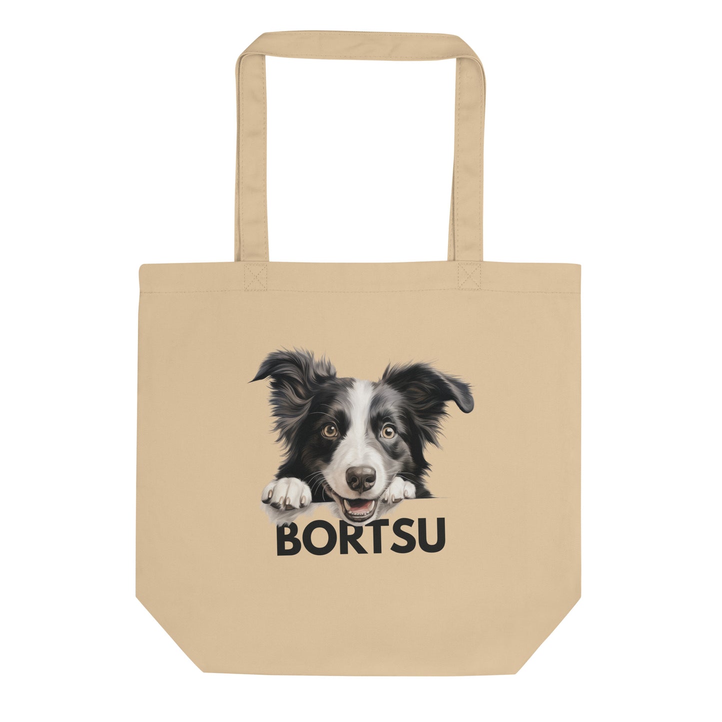 Ekologinen beige bordercollie kangaskassi "bortsu"-tekstillä.