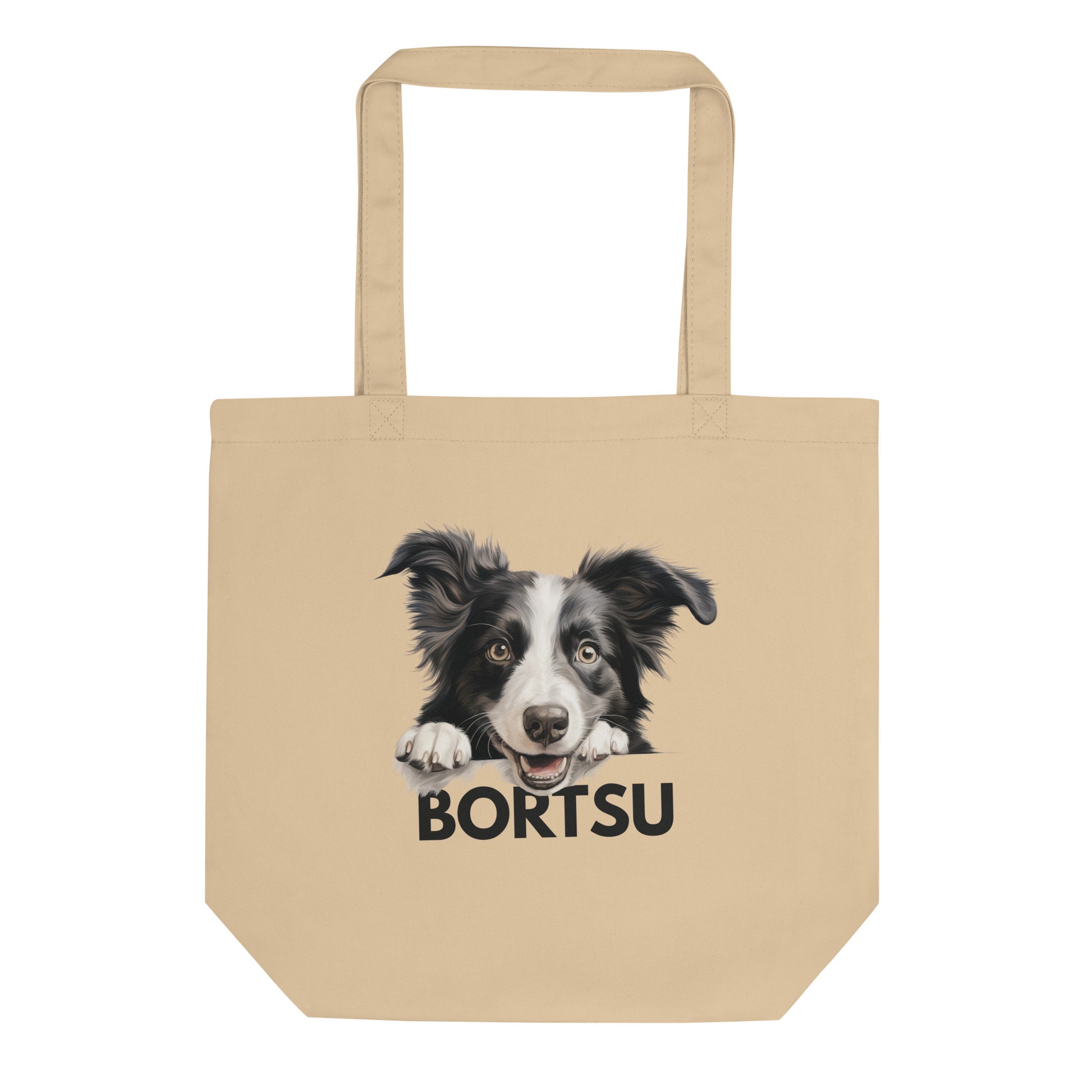 Ekologinen beige bordercollie kangaskassi "bortsu"-tekstillä.