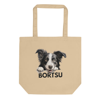 Ekologinen beige bordercollie kangaskassi "bortsu"-tekstillä.