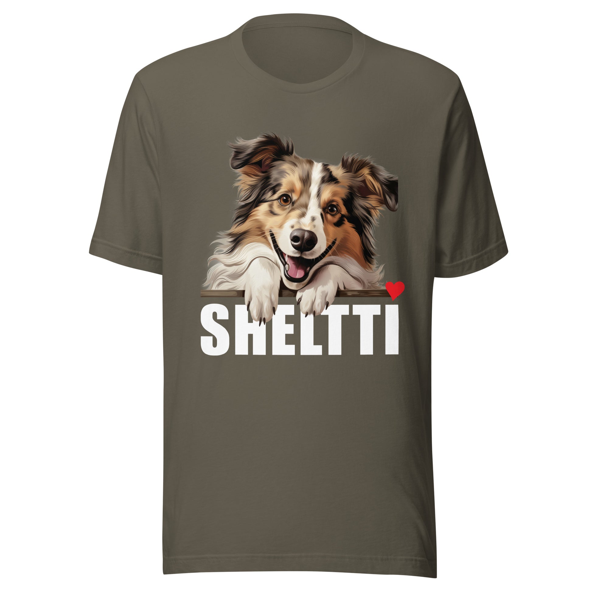 Armeijanvihreä t-paita, jossa shetlanninlammaskoiran kuva ja teksti "Sheltti ❤️".