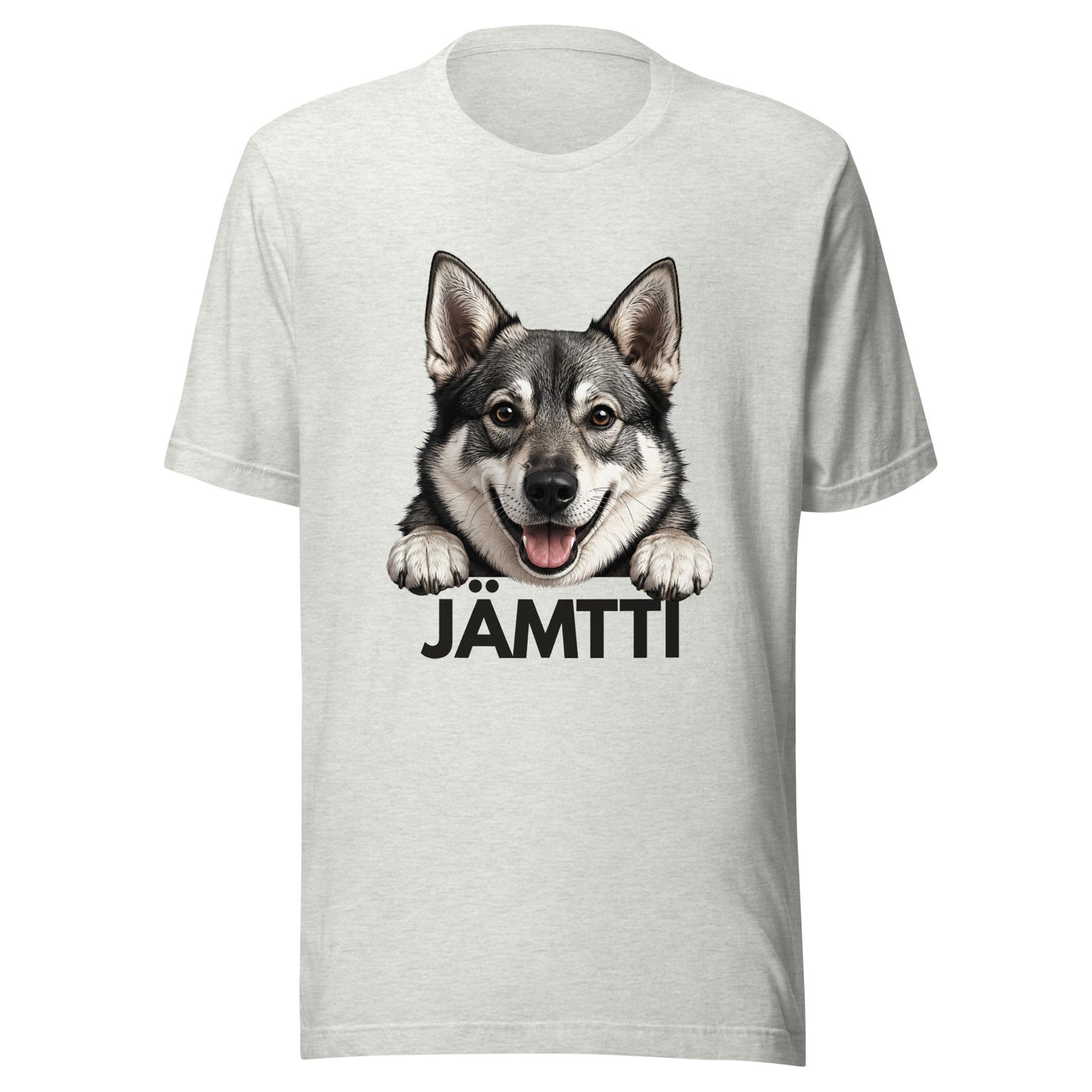 Tuhkanharmaa t-paita, jossa jämtlanninpystykorvan kuva ja tumma teksti "jämtti".