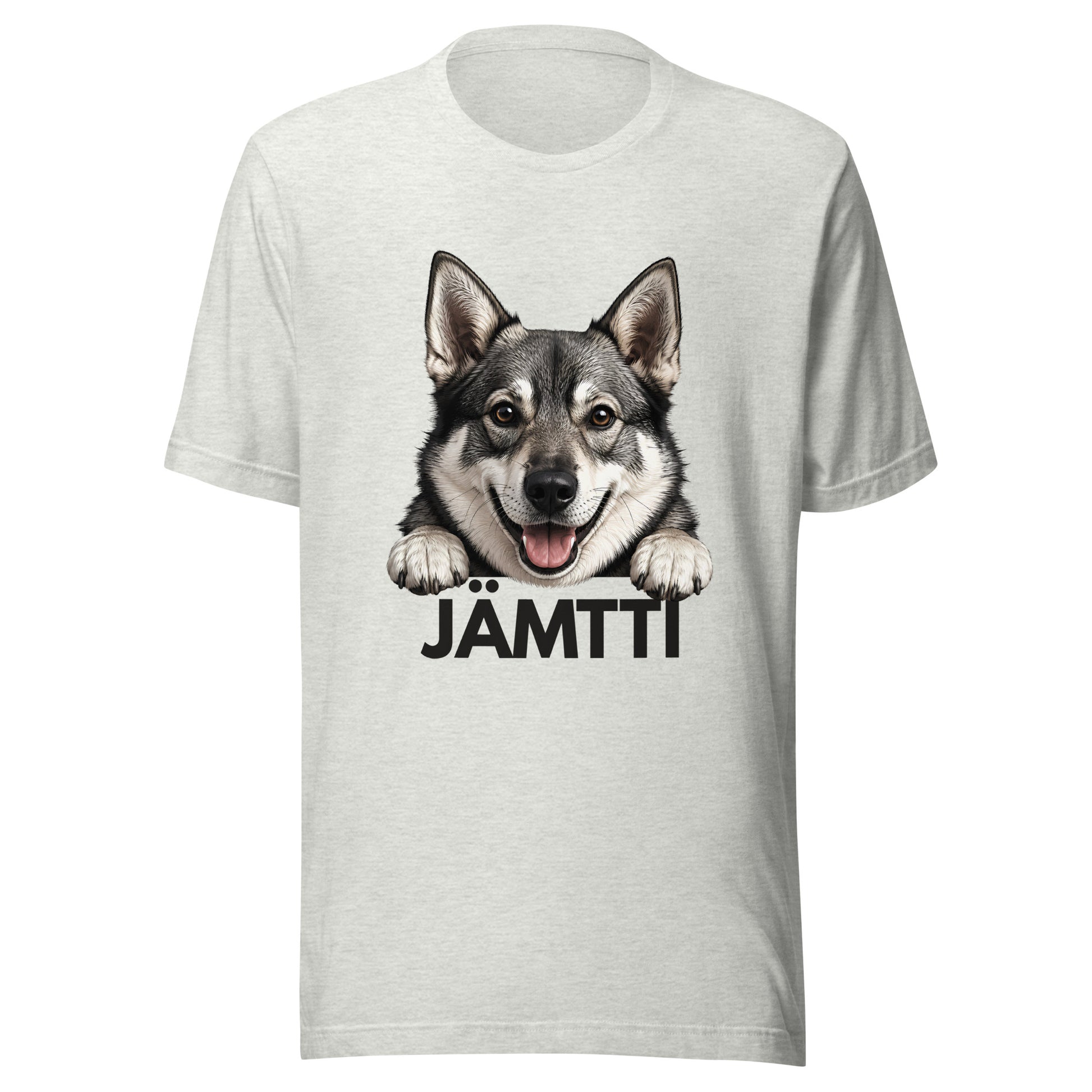 Tuhkanharmaa t-paita, jossa jämtlanninpystykorvan kuva ja tumma teksti "jämtti".