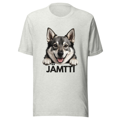 Tuhkanharmaa t-paita, jossa jämtlanninpystykorvan kuva ja tumma teksti "jämtti".