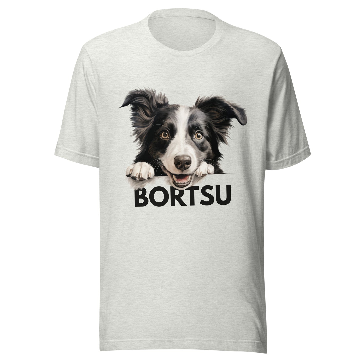 Harmaa t-paita, jossa bordercollien kuva ja teksti "bortsu".