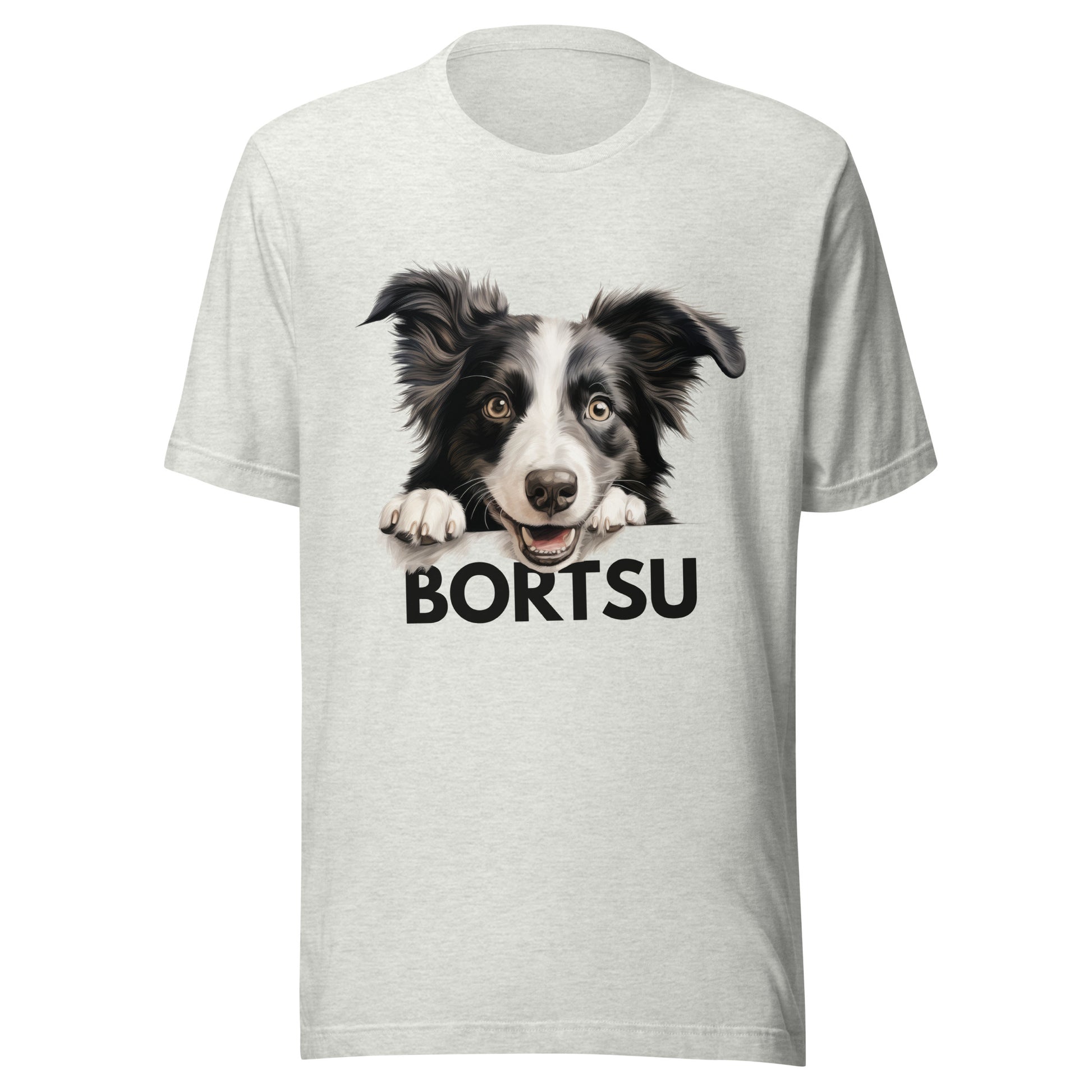 Harmaa t-paita, jossa bordercollien kuva ja teksti "bortsu".
