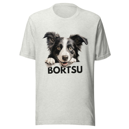 Harmaa t-paita, jossa bordercollien kuva ja teksti "bortsu".