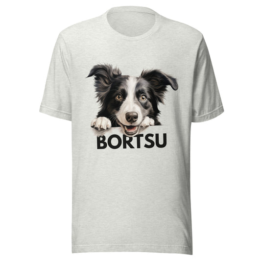 Harmaa t-paita, jossa bordercollien kuva ja teksti "bortsu".