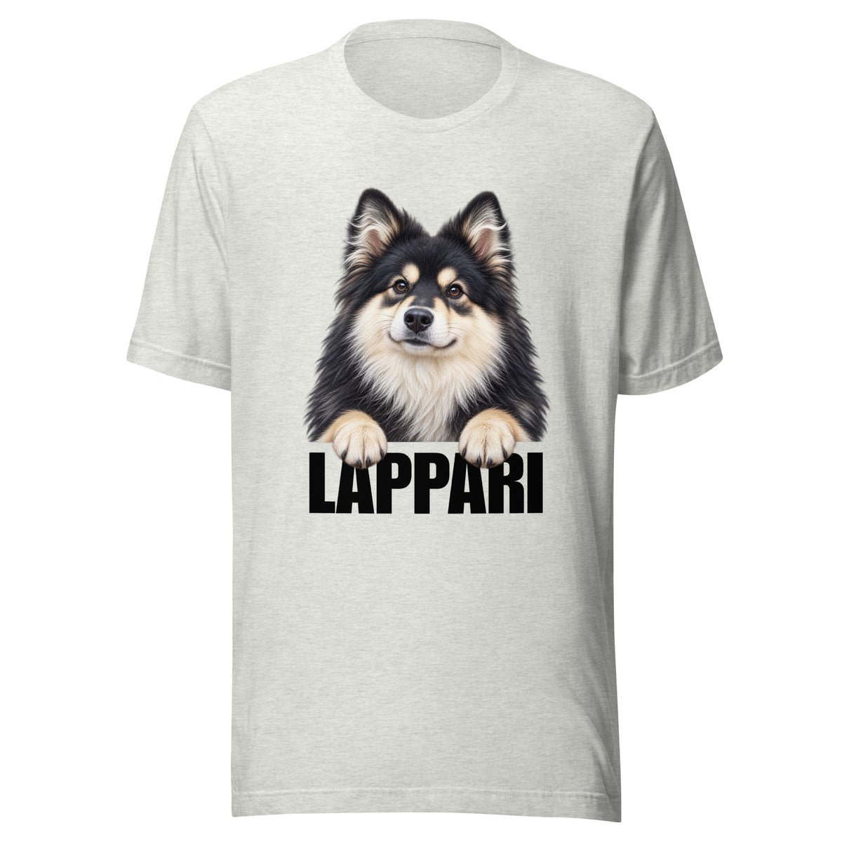 Tuhkanharmaa suomenlapinkoira t-paita, jossa koiran kuva ja alla tumma teksti "LAPPARI".
