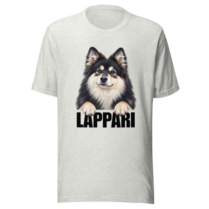 Tuhkanharmaa suomenlapinkoira t-paita, jossa koiran kuva ja alla tumma teksti "LAPPARI".
