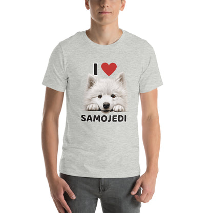 Atleettisenharmaa "I ❤️ Samojedi" koira t-paita, jossa suloinen samojedinkoira kurkistaa.