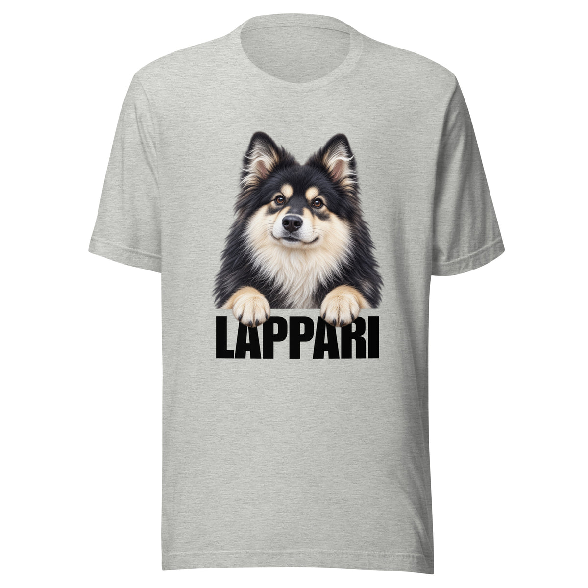 Atleettisenharmaa t-paita, jossa suomenlapinkoiran kuva ja alla teksti "LAPPARI".