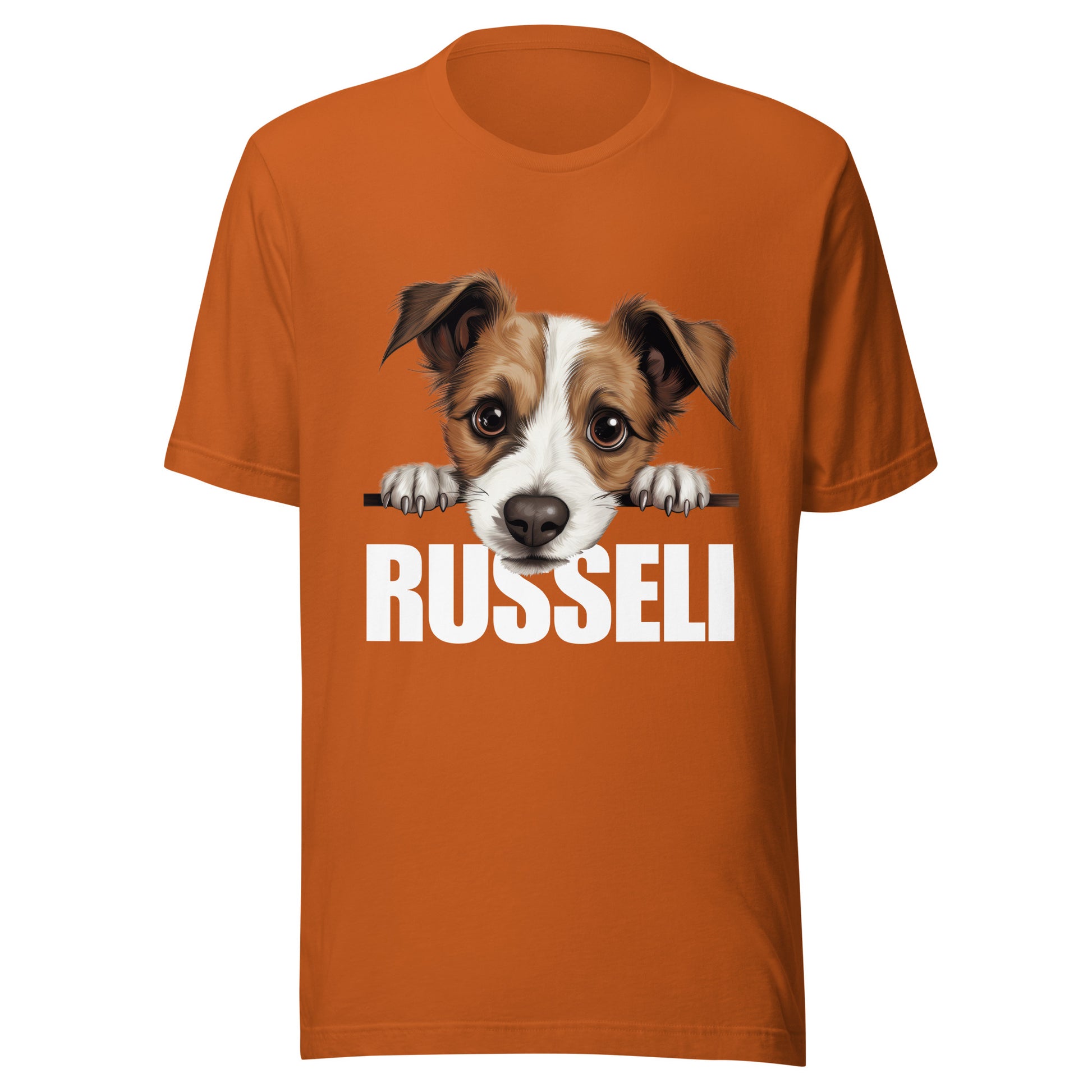 Syksyn oranssi t-paita, jossa jackrussellinterrierin kuva ja valkoinen teksti "russeli".