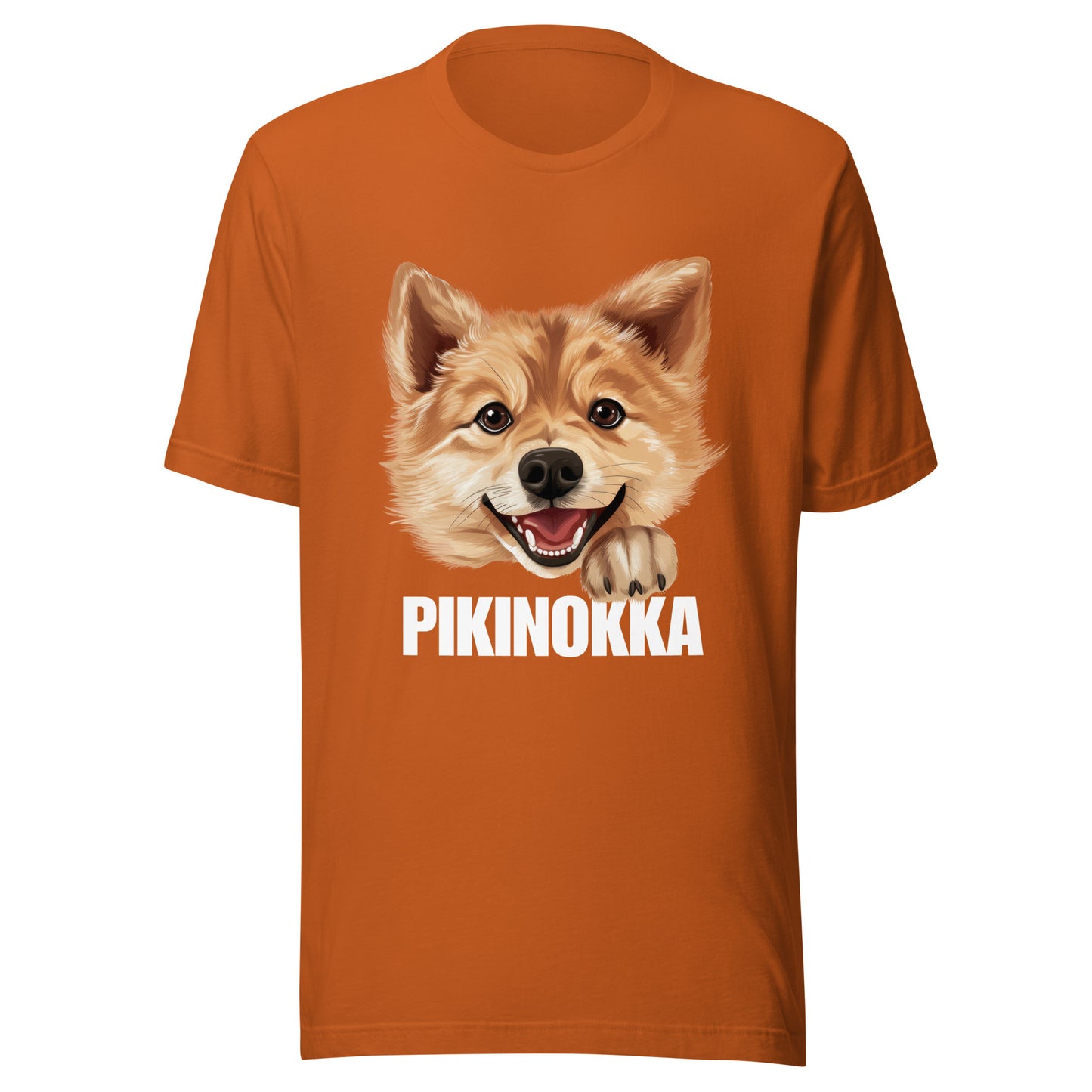 Oranssi t-paita, jossa suomenpystykorvan kuva ja valkoinen teksti "pikinokka".