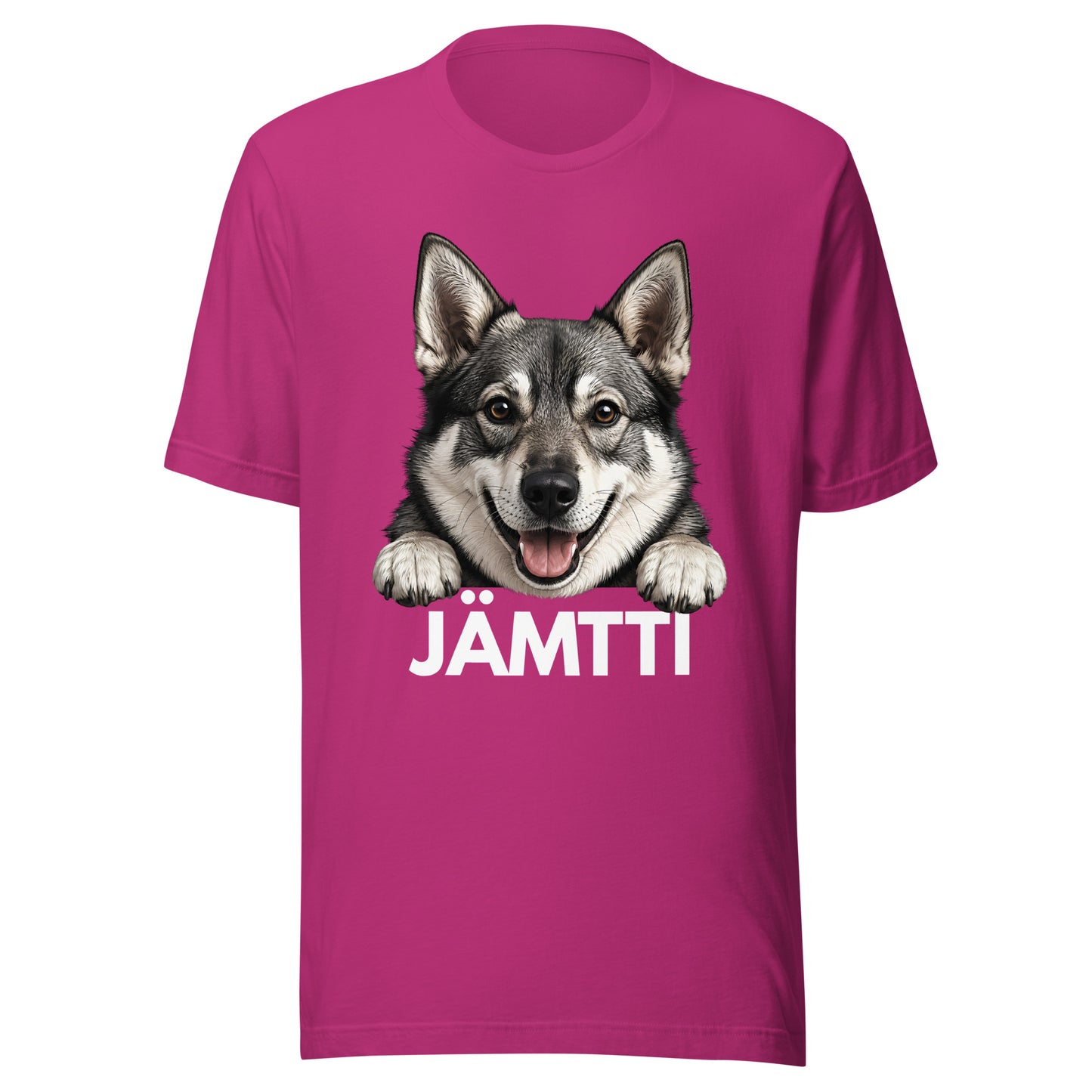 Marjanpunainen/pinkki t-paita, jossa jämtlanninpystykorvan kuva ja valkoinen teksti "jämtti".