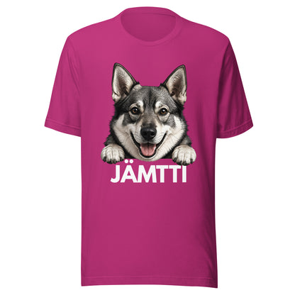 Marjanpunainen/pinkki t-paita, jossa jämtlanninpystykorvan kuva ja valkoinen teksti "jämtti".