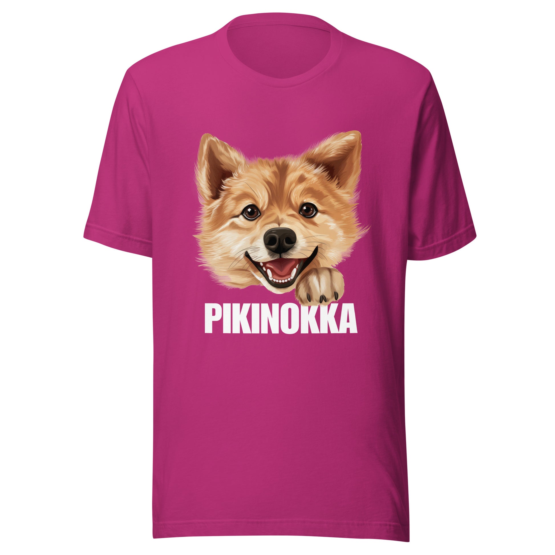 Marjanpunainen t-paita, jossa suomenpystykorvan kuva ja valkoinen teksti "pikinokka".