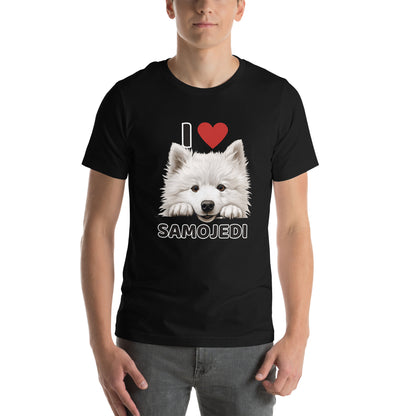 Musta t-paita, jossa suloisen samojedin kuva ja teksti "I love Samojedi".