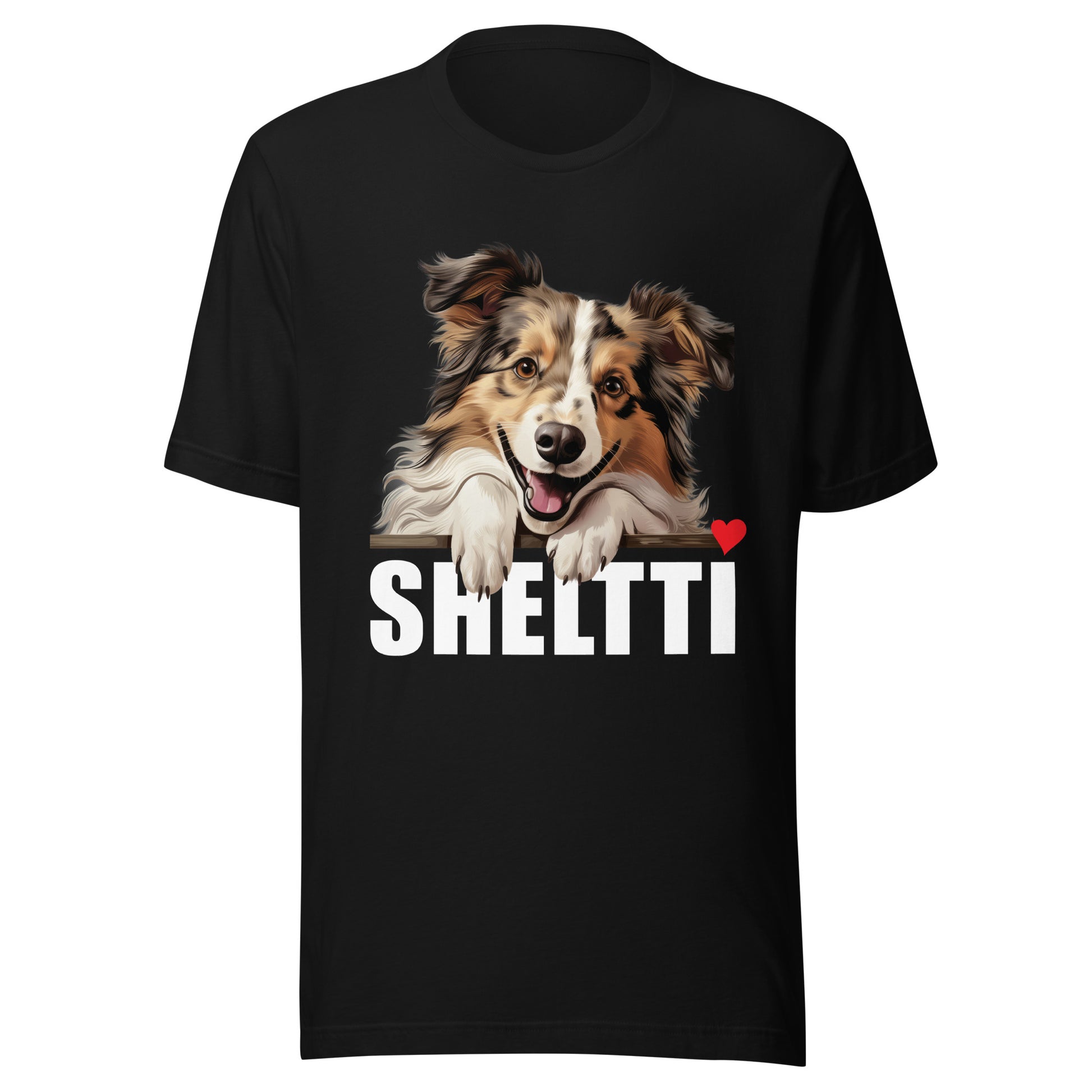 Musta unisex t-paita, jossa shetlanninlammaskoiran kuva ja valkoinen teksti "SHELTTI ❤️".