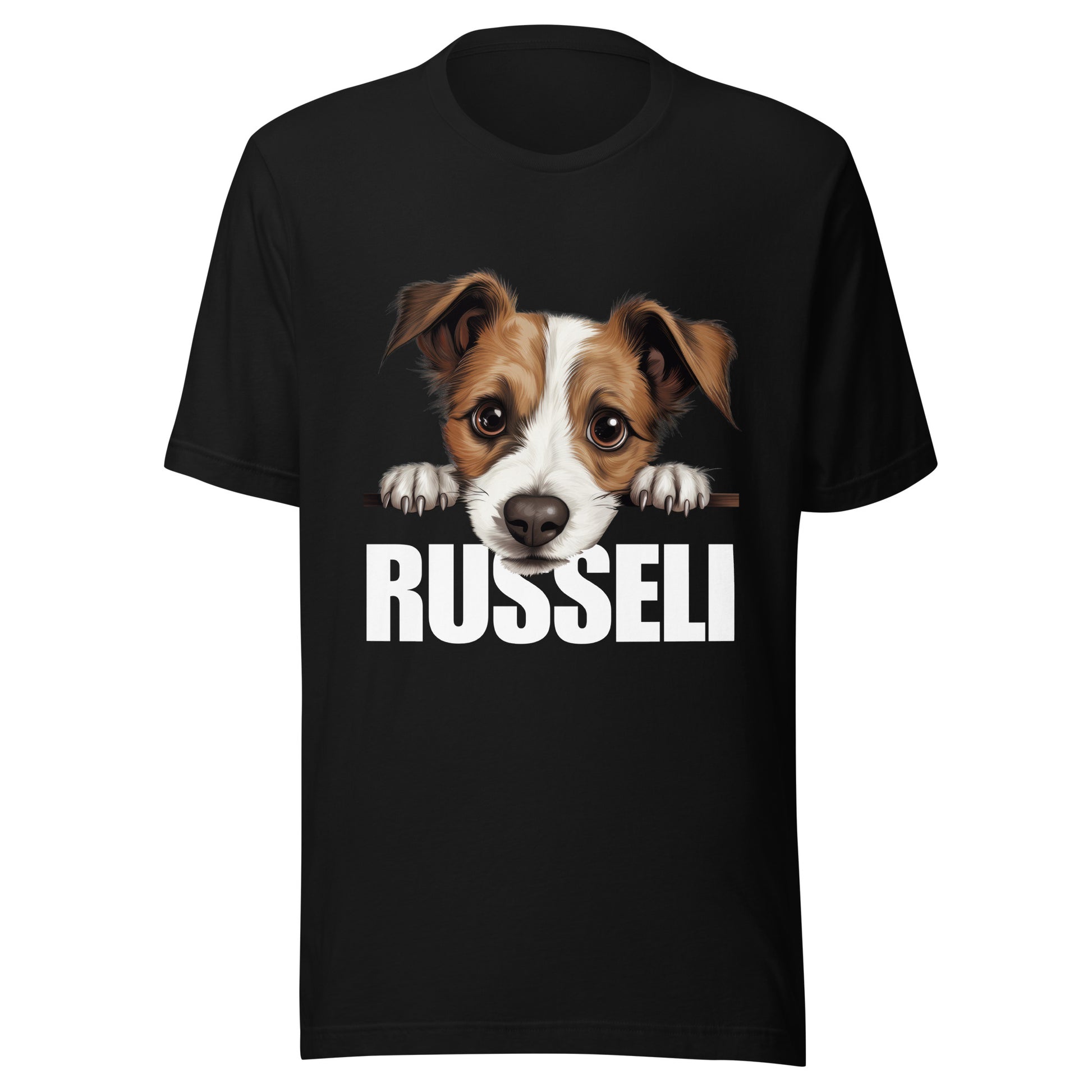 Musta t-paita, jossa jackrussellinterrierin kuva ja valkoisella teksti "russeli".