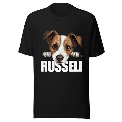 Musta t-paita, jossa jackrussellinterrierin kuva ja valkoisella teksti "russeli".
