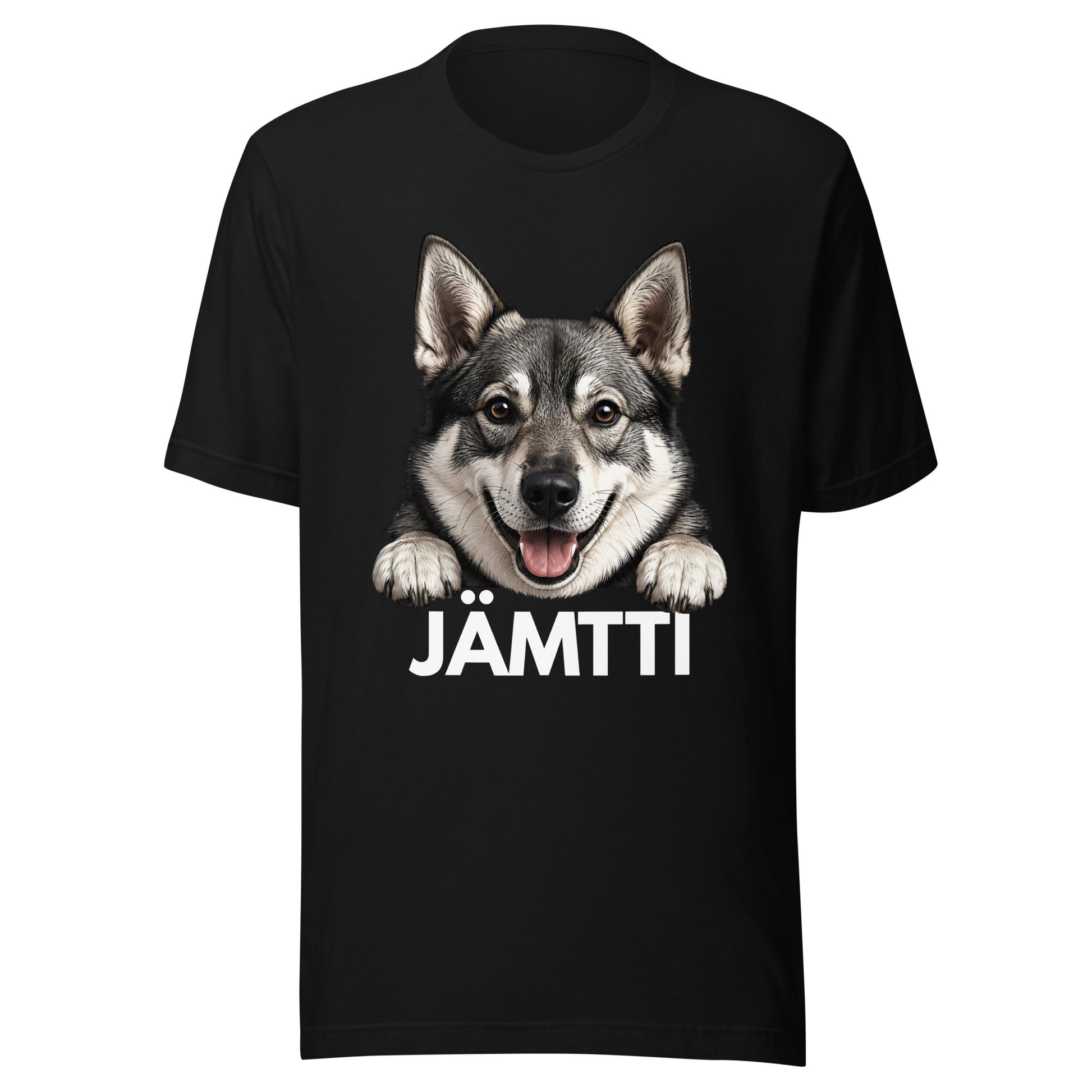 Musta t-paita, jossa jämtlanninpystykorvan kuva ja valkoinen teksti "jämtti".