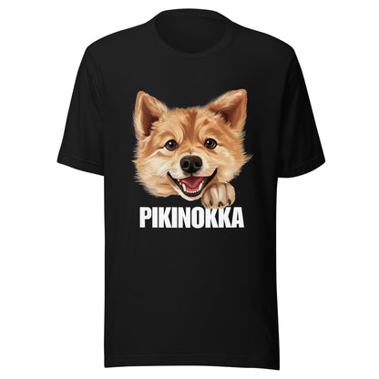 Musta t-paita, jossa suomenpystykorvan kuva ja valkoinen teksti "pikinokka".