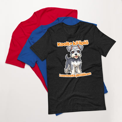 Musta (heather) unisex t-paita, jossa piirretty kääpiösnautseri ja teksti "Koolta kääpiö, luonteelta jättiläinen".