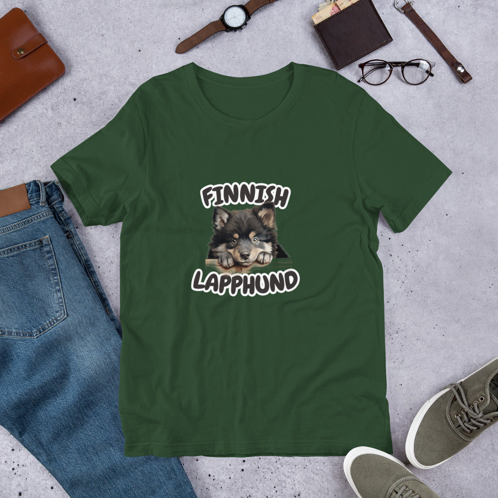 Metsänvihreä unisex t-paita, jossa suomenlapinkoiran kuva ja teksti "Finnish Lapphund".