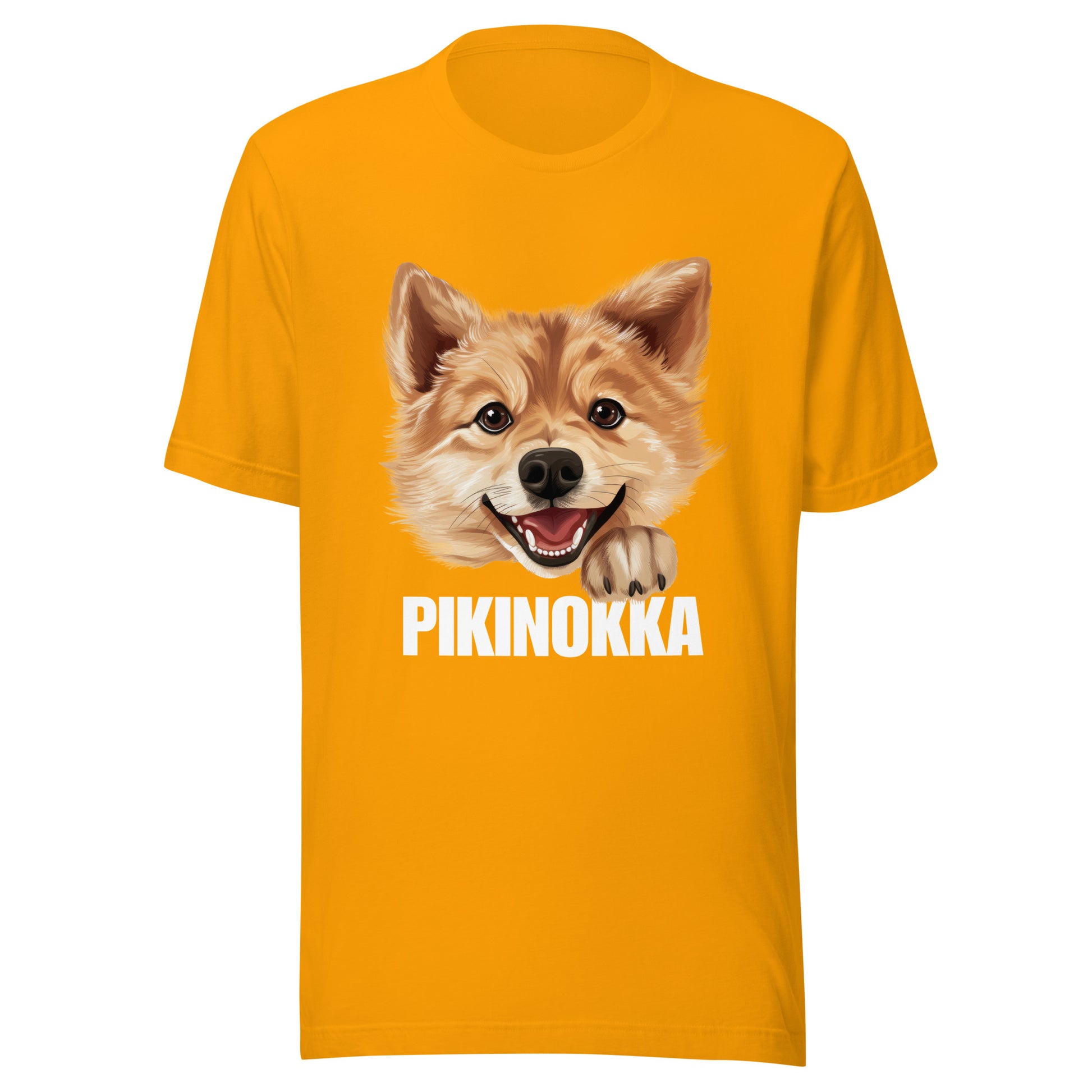 Kullankeltainen t-paita, jossa suomenpystykorvan kuva ja valkoinen teksti "pikinokka".