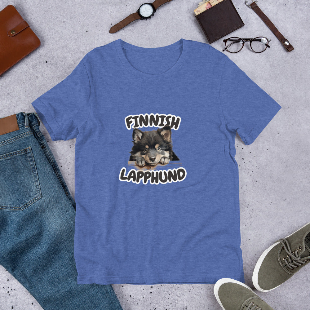Laivastonsininen unisex t-paita, jossa suomenlapinkoiran kuva ja teksti "Finnish Lapphund".