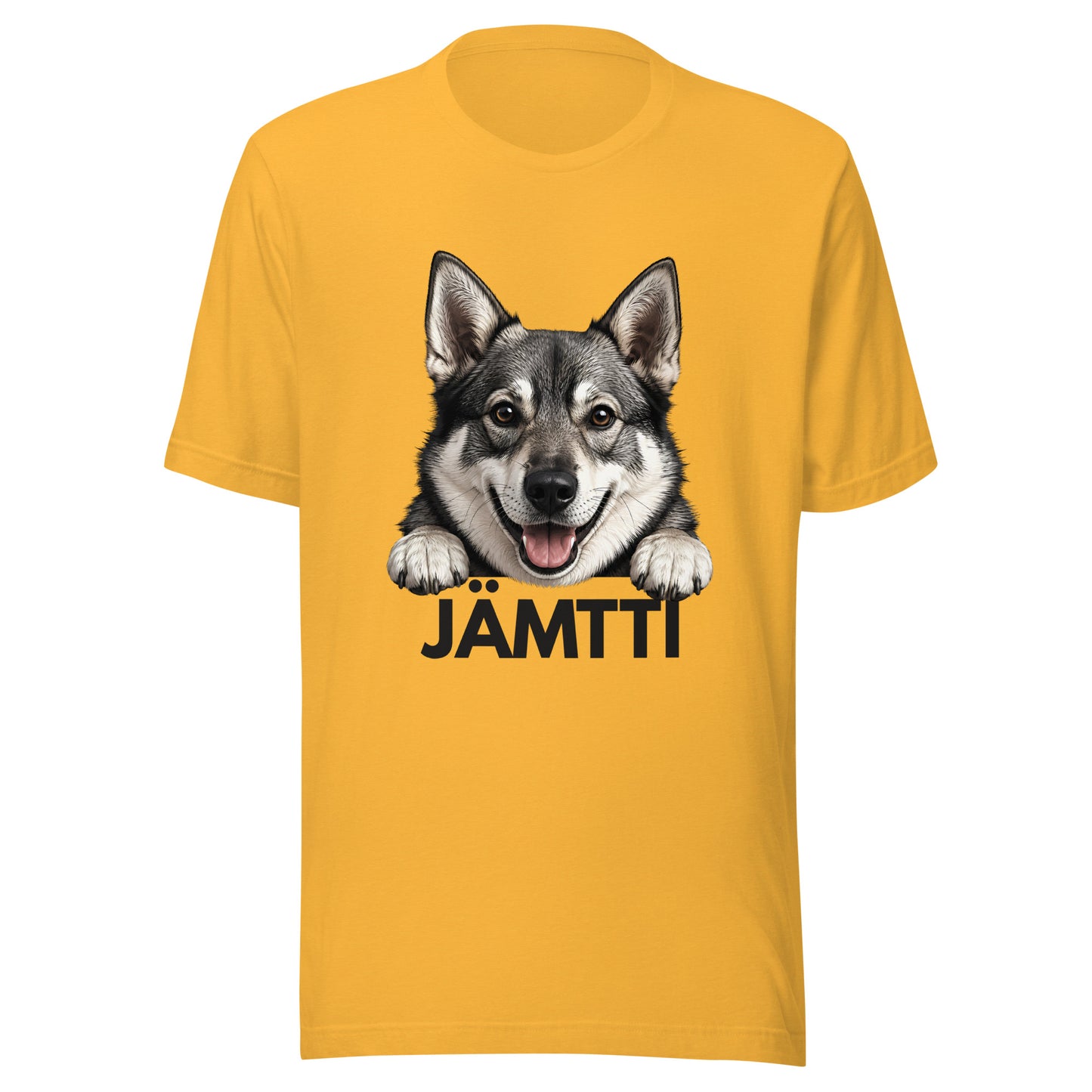 Keltainen t-paita, jossa jämtlanninpystykorvan kuva ja tumma teksti "jämtti".