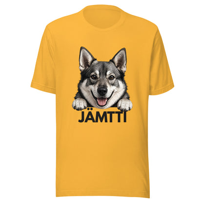 Keltainen t-paita, jossa jämtlanninpystykorvan kuva ja tumma teksti "jämtti".