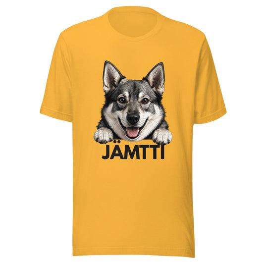 Keltainen t-paita, jossa jämtlanninpystykorvan kuva ja tumma teksti "jämtti".