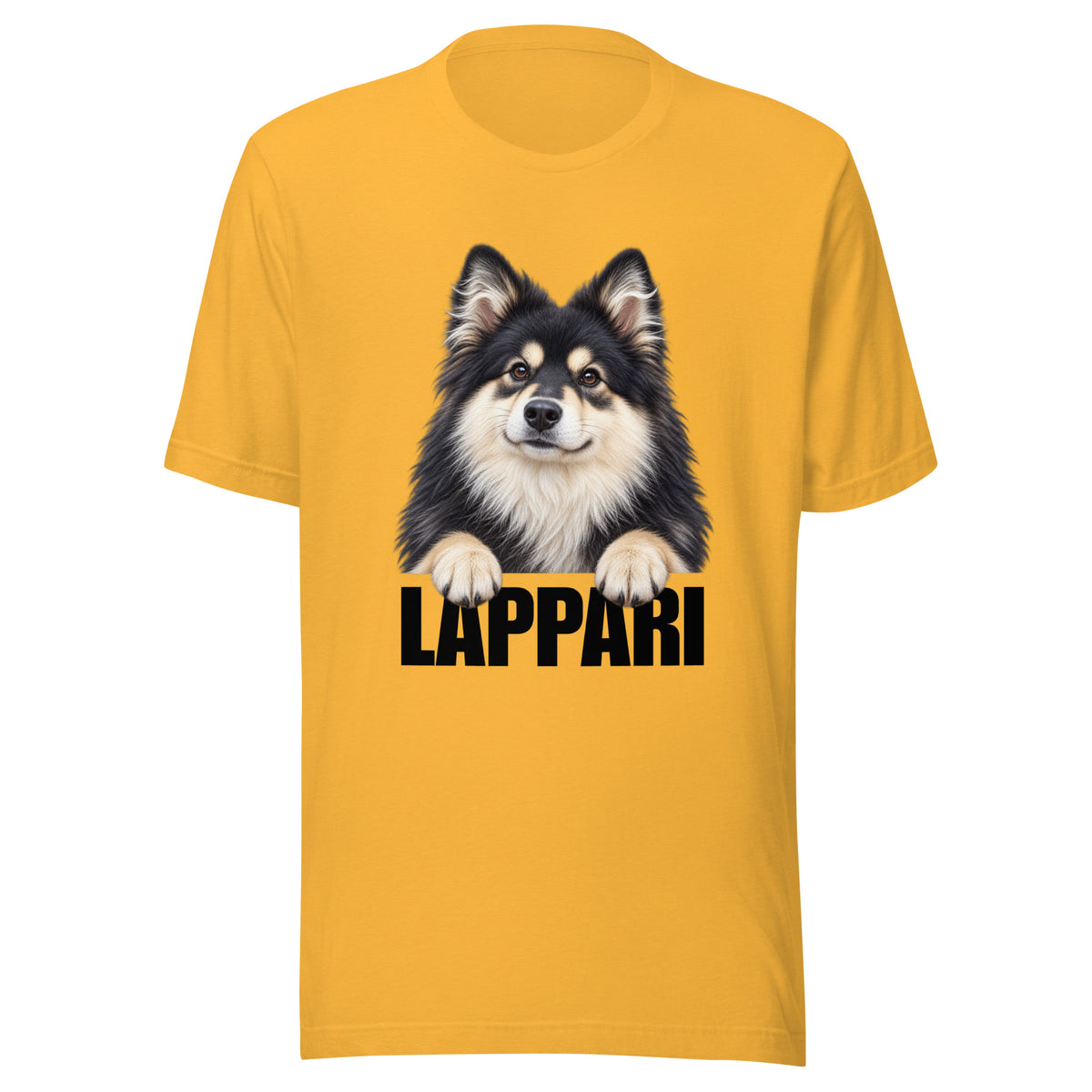 Heather-keltainen t-paita, jossa suomenlapinkoiran kuva ja musta teksti "LAPPARI".
